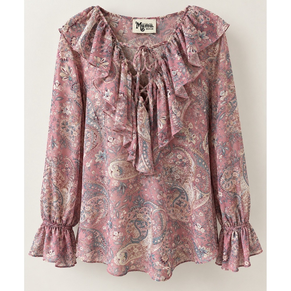 Show Me Your Mumu Elton Top M Pink Paisley Ruffle Lace Up Boho Peasant Blouse